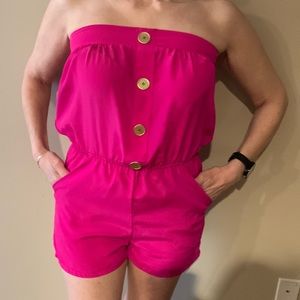Hot pink strapless gold button romper